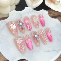 Adorable Spooky Halloween Press-On Nails - Ghost & Pink Ombre Spider Web Design with Glitter Rhinestones, Perfect for Parties & Kawaii Looks!