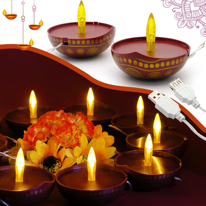 Illuminate Your Diwali: 10 USB-Operated LED Diyas String Lights for Home, Office & Pooja Decorations - Ideal Hindu Wedding & Gift Solution