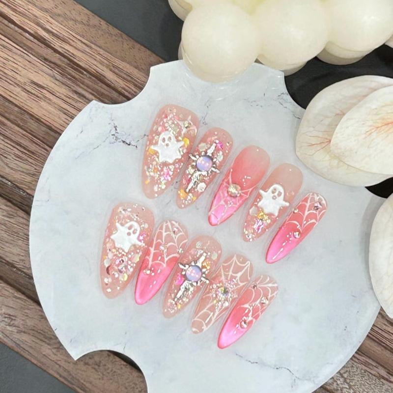 Adorable Spooky Halloween Press-On Nails - Ghost & Pink Ombre Spider Web Design with Glitter Rhinestones, Perfect for Parties & Kawaii Looks!