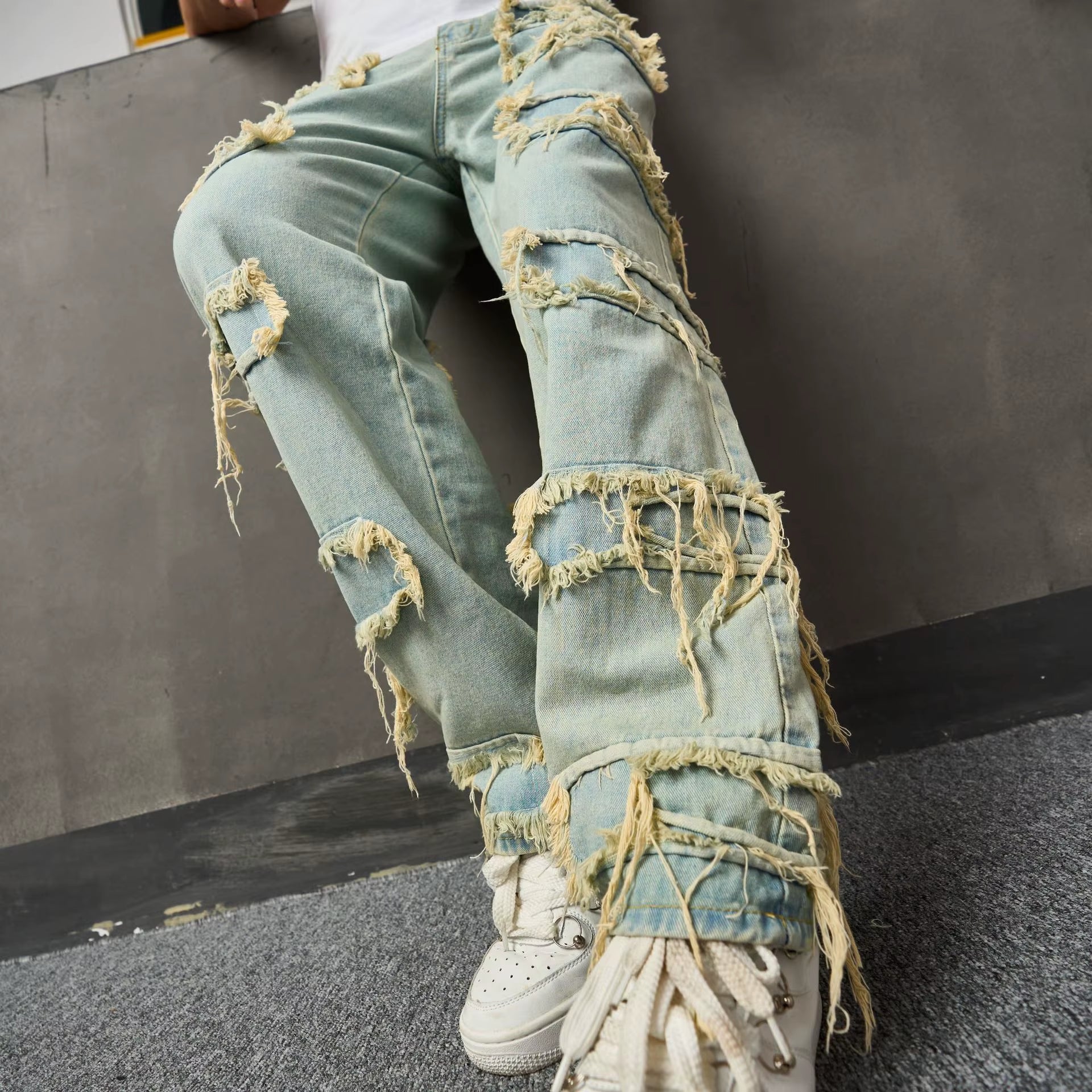 Stylish American Retro Ripped Patchwork Jeans - Men's Trendy Loose Wide-Leg Casual Pants with Anti-Bacterial Fabric