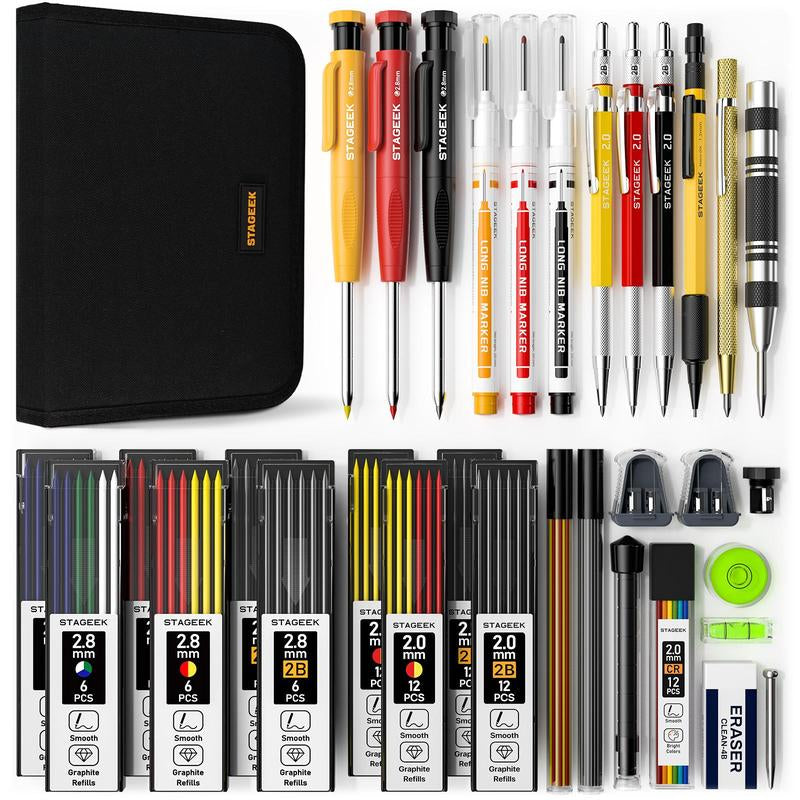 STAGEEK 34-Piece Carpenter Pencil Set - Includes Sharpener, 104 Refills, and Carbide Scribe Tool - Heavy-Duty Construction Pencils for Woodworking, Architecture, and Art with Stylish Canvas Case