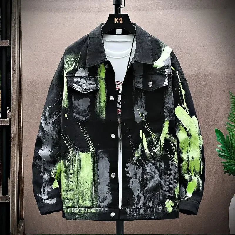 Trendy Men's Painted Denim Jacket - Stylish Graffiti Hip Hop Coat at an Affordable Price with Fast Delivery