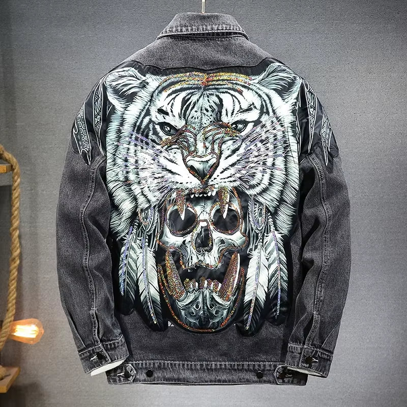 Vintage Cyberpunk Tiger Skull Denim Jacket for Men – Heavy Metal Harajuku Streetwear Motorcycle Style