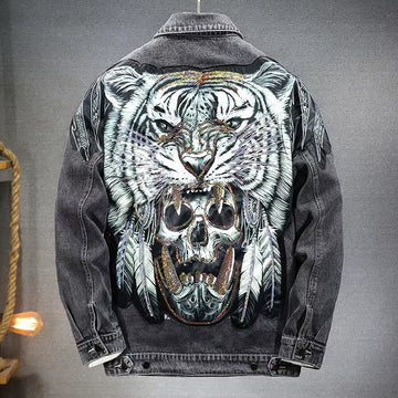 Vintage Cyberpunk Tiger Skull Denim Jacket for Men – Heavy Metal Harajuku Streetwear Motorcycle Style
