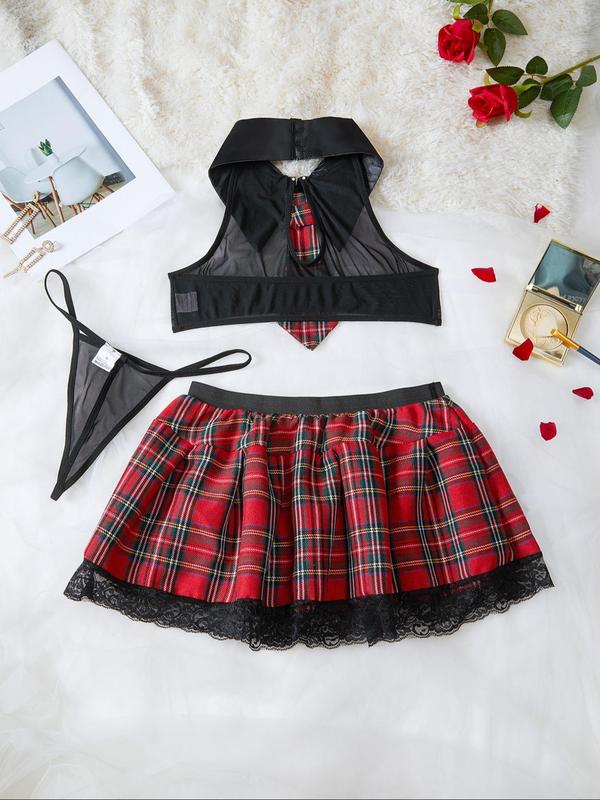 Seductive Sheer Lace Plaid School Girl Lingerie Set with Halter Crop Top, Thong & Contrast Lace Skirt - Breathable Elegance for Women