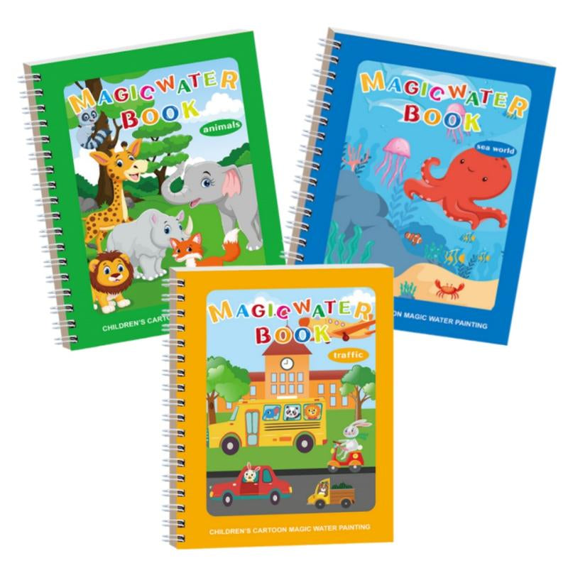 Magic Mess-Free Water Coloring Book for Toddlers - Reusable 3/6 Pack Educational Drawing Activity - Perfect Travel Toy for Kids 3-6 Years Old