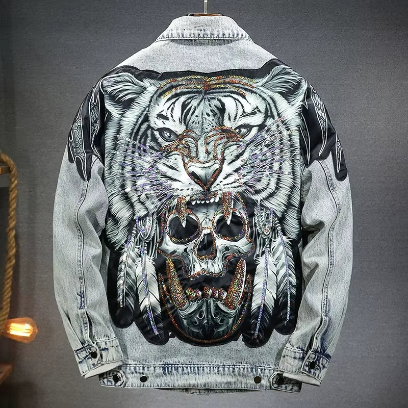 Vintage Cyberpunk Tiger Skull Denim Jacket for Men – Heavy Metal Harajuku Streetwear Motorcycle Style