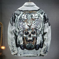 Vintage Cyberpunk Tiger Skull Denim Jacket for Men – Heavy Metal Harajuku Streetwear Motorcycle Style