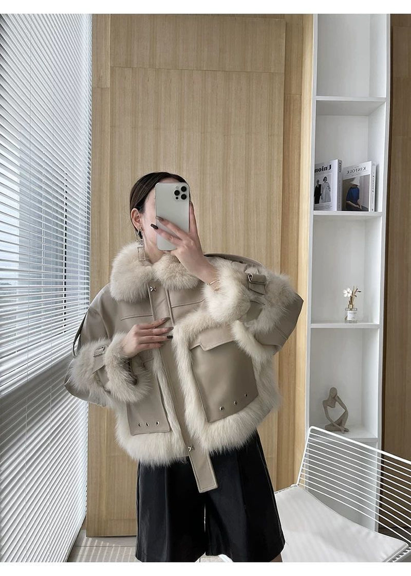Luxurious Fox Fur & Leather Stitch Coat