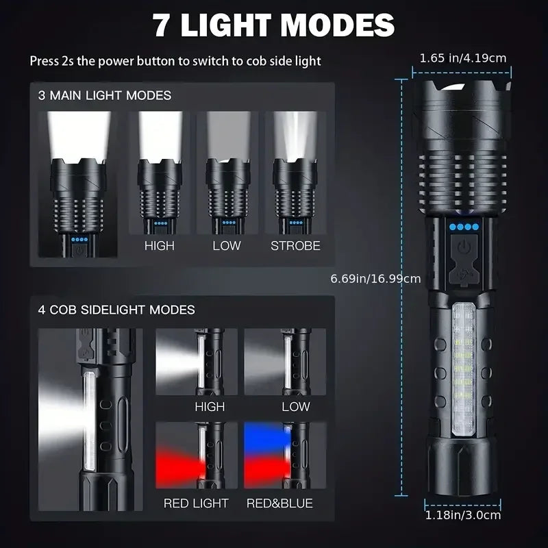 Ultra Bright Rechargeable White Laser LED Flashlight - Tactical Torch for Camping and Hiking, Built-In Battery with USB Charging
