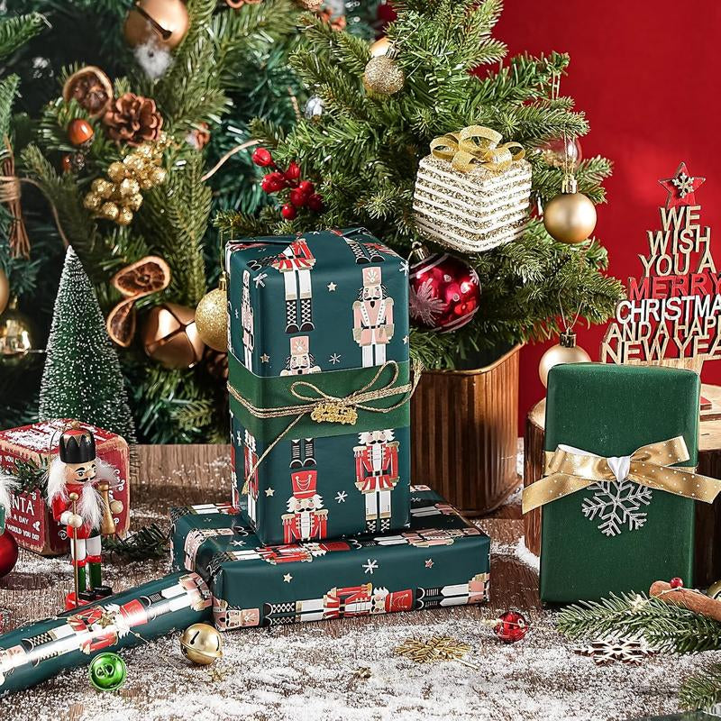 Reversible Nutcracker Christmas Wrapping Paper - 17" x 33' Foil Green Mini Roll for Holiday Celebrations and Parties
