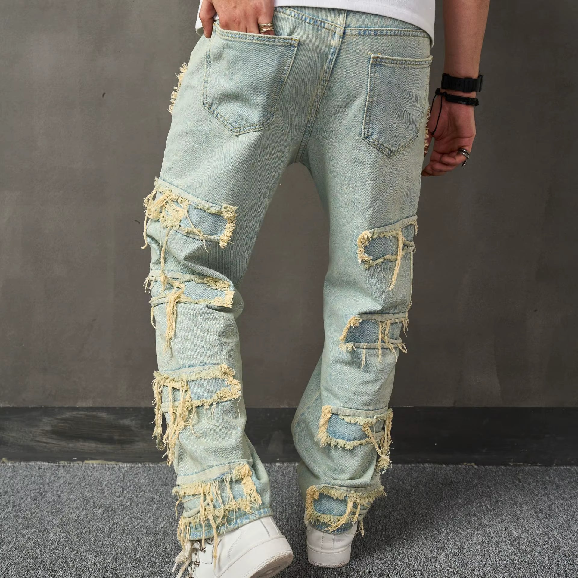 Stylish American Retro Ripped Patchwork Jeans - Men's Trendy Loose Wide-Leg Casual Pants with Anti-Bacterial Fabric