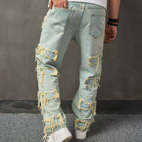 Stylish American Retro Ripped Patchwork Jeans - Men's Trendy Loose Wide-Leg Casual Pants with Anti-Bacterial Fabric