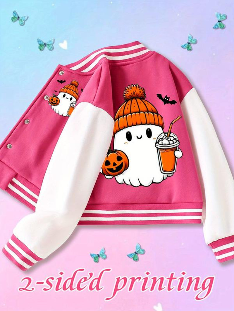 Adorable Girls' Halloween Baseball Jacket with Pumpkin Ghost Print - Cozy Elastic Fabric for Fall & Winter Parties!