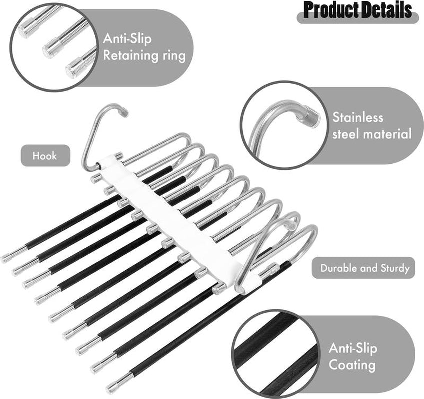 Space-Saving 9-Layer Non-Slip Stainless Steel Pants Hanger - Multifunctional Closet Organizer for Jeans, Trousers, and Scarves