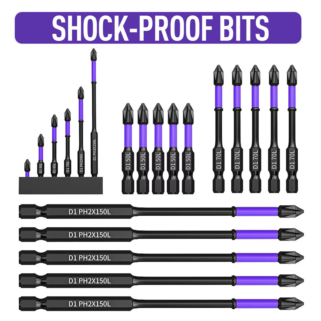 D1 Premium Shock-Proof Magnetic Screwdriver Bits Set - High Hardness PH2 in 25/50/65/70/90/150mm
