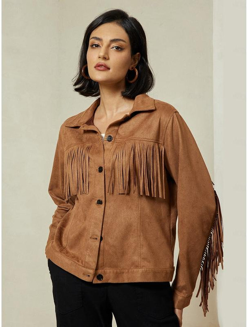 Chic ADOR Women's Suede Fringe Hem Crew Neck Jacket - Elevate Your Outerwear Collection!