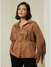 Chic ADOR Women's Suede Fringe Hem Crew Neck Jacket - Elevate Your Outerwear Collection!