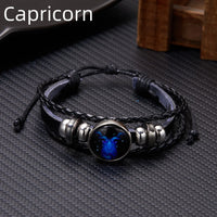 Luminous Zodiac Leather Bracelet – 12 Constellations | Adjustable Vintage Wrap for Men & Women