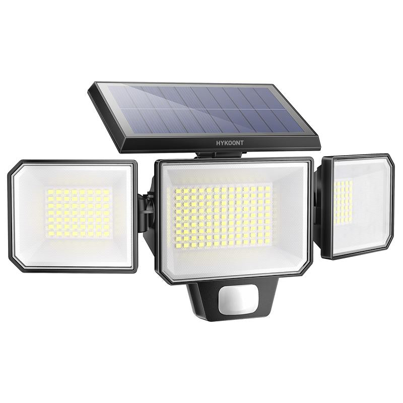 HYKOONT 3000LM Solar Outdoor Motion Sensor Lights - 299 LED Dimmable 3-Head Security Spotlights, IP65 Waterproof with 3 Adjustable Modes - Wide Angle Illumination (1 Pack)