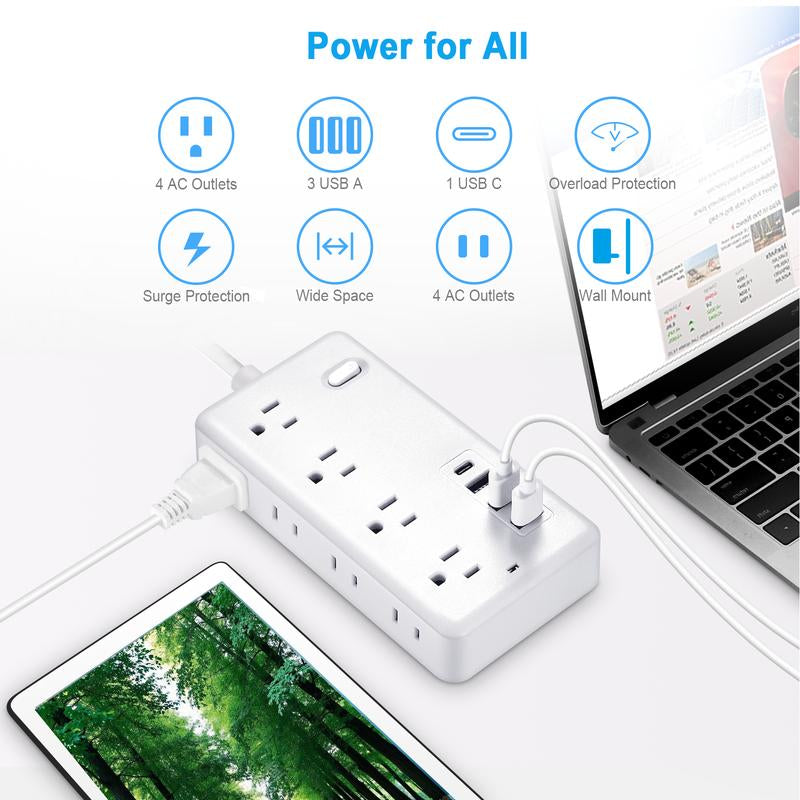 Ultimate Surge Protector Power Strip with 8 AC Outlets & 4 USB Chargers - 5Ft Braided Extension Cord for Home & Office Essentials