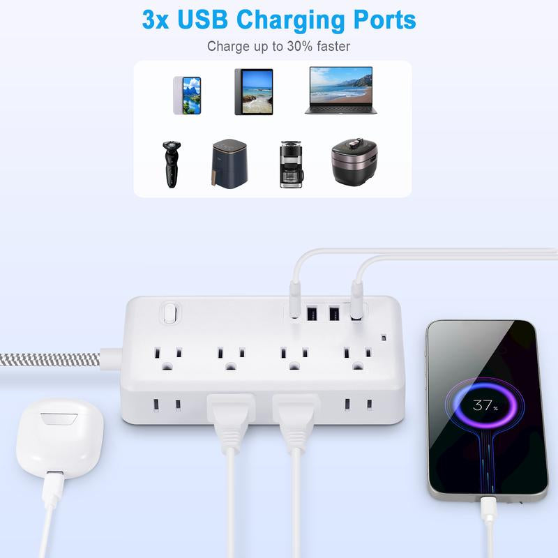 Ultimate Surge Protector Power Strip with 8 AC Outlets & 4 USB Chargers - 5Ft Braided Extension Cord for Home & Office Essentials