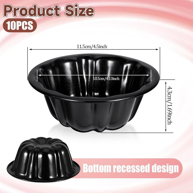 10-Pack Mini Fluted Tube Cake Pans - 4 Inch Nonstick Carbon Steel Molds for Flan, Cupcakes, Brownies, and More!