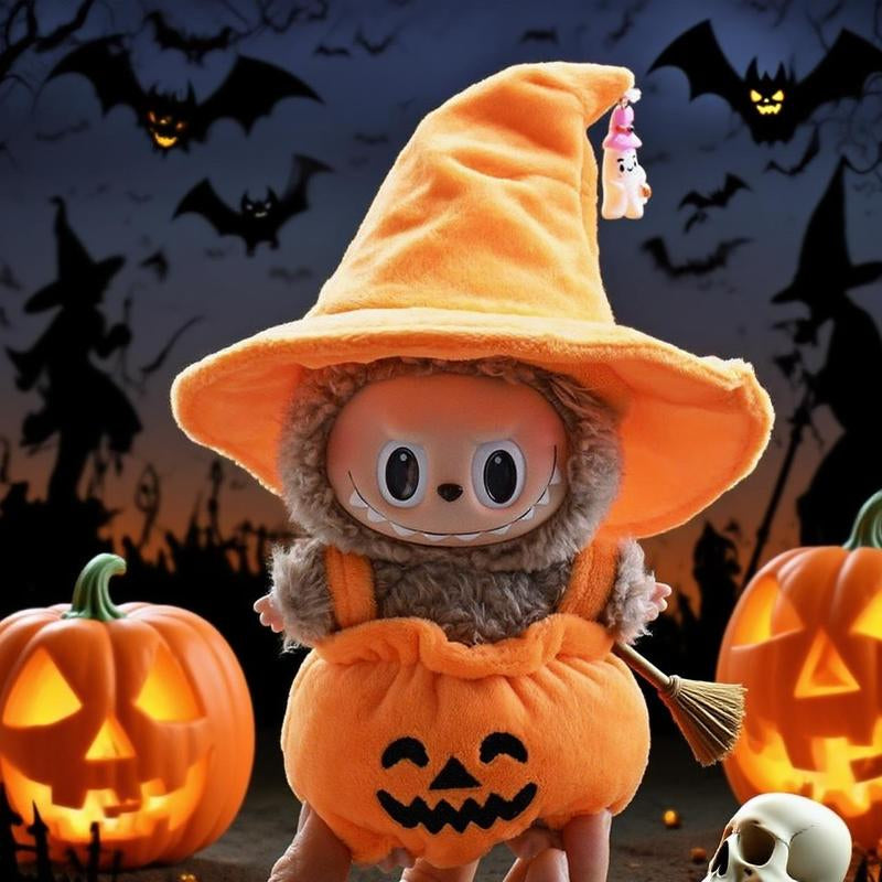 Adorable Labubu Halloween Pumpkin Costume for 17cm Dolls - Soft, Durable, & Detachable with Stylish Hat - Ideal for Collectors & Dress-Up Fun!