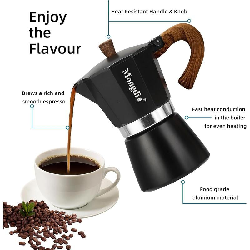Mongdio Moka Pot Espresso Maker - 6 Cup Cuban Coffee Brewer, Italian Percolator, 10 Oz - Sleek Black Design