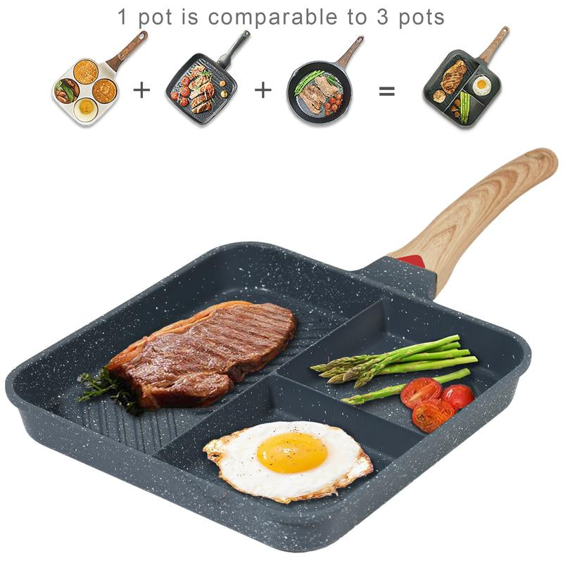 Revolutionary GMISUN Multi-Section Nonstick Frying Pan with Heat Indicator – Perfect for Cooking Eggs, Steak & Veggies Together!