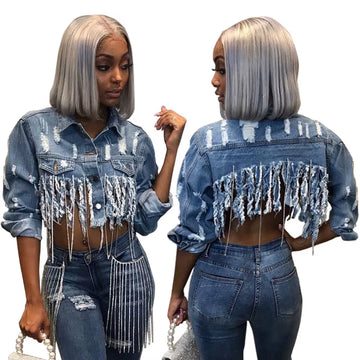Trendy Ripped Denim Jacket with Tassels - Sexy Casual Coat for Women