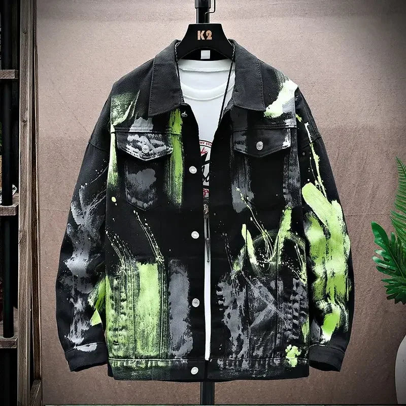 Trendy Men's Painted Denim Jacket - Stylish Graffiti Hip Hop Coat at an Affordable Price with Fast Delivery